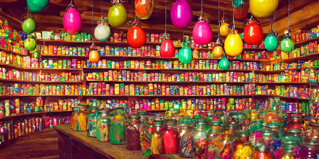 Prompt: Inside an old magical sweet shop, large jars on shelves, beautiful labels, fantasy vendor interior, wide angle, cinematic, highly detailed, photo-realistic, rich bright colors, trending on artstation, trending on cgsociety, 8K