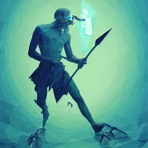 Image similar to low poly painting by greg rutkowski of a drowned zombie holding a trident with glowing cyan eyes, wearing ragged clothing, holding a trident, underwater, pastel green and blue color palette