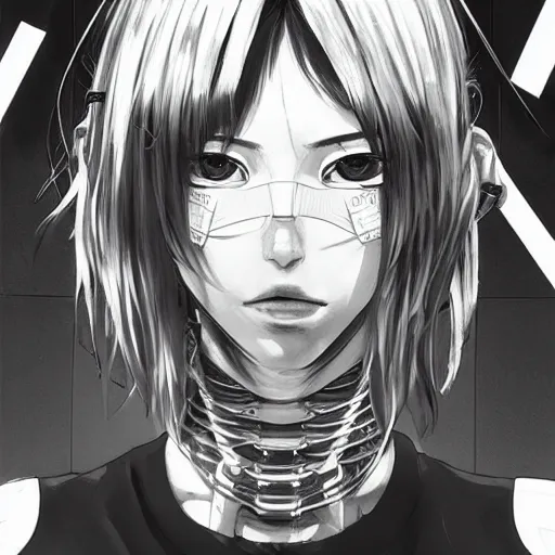 Image similar to A cyborg girl with big and cute red eyes, fine-face, realistic shaded perfect face, fine details. red, black and white robotic parts. Very very anime. Realistic shaded lighting poster by Ilya Kuvshinov katsuhiro otomo ghost-in-the-shell, magali villeneuve, artgerm, Jeremy Lipkin and Michael Garmash, Rob Rey and Kentarõ Miura style, trending on art station