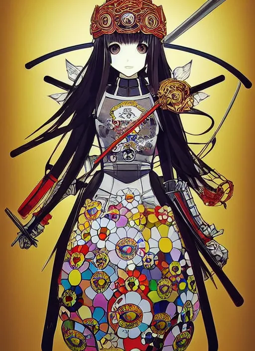 Image similar to takashi murakami, ilya kuvshinov, anime female knight in. ornate armor by, last exile, murata range, fine detail, perfect, dramatic lighting, dynamic composition, art deco, cel shading, vivid, rich texture, alphonse mucha, ( ( ( colorful ) ) ), ( ( ( yoshinari yoh ) ) ),