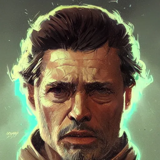 Prompt: portrait of a man by Greg Rutkowski, an old jedi master, brown quiff hair, straight jaw, badass, wearing a flying jacket, Star Wars Expanded Universe, highly detailed portrait, digital painting, artstation, concept art, smooth, sharp foccus ilustration, Artstation HQ