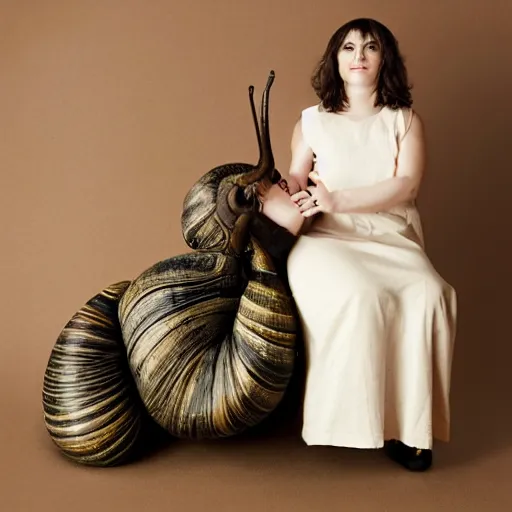 Image similar to modern full body color studio photograph of real snail woman, woman made out of snail