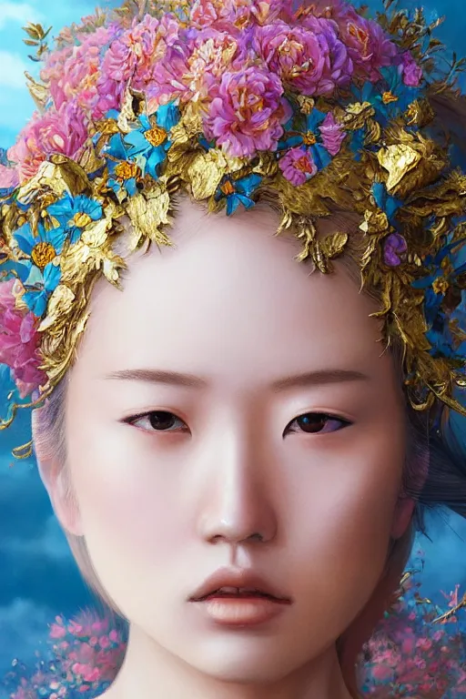 Image similar to a pale Japanese girl with golden hair, floral crown, sad blue eyes, cinematic lighting, ultra detailed, highly detailed, sharp focus, golden background with flowers, golden jewellery with blue sapphires, photographic, art by artgerm and greg rutkowski and zdislav beksinski