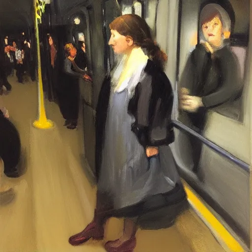 Image similar to “ a girl in the new york city subway, oil painting, by george bellows ”