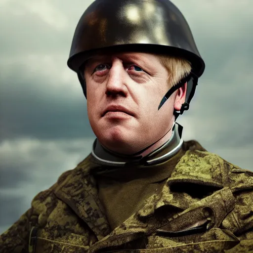 Image similar to boris johnson with military helmet on in kyiv, realistic, wide shot, sunny lighting, octane render, gq magazine, hyper realistic, high quality, highly detailed, hd, beautiful, cinematic, 8 k, unreal engine, facial accuracy,