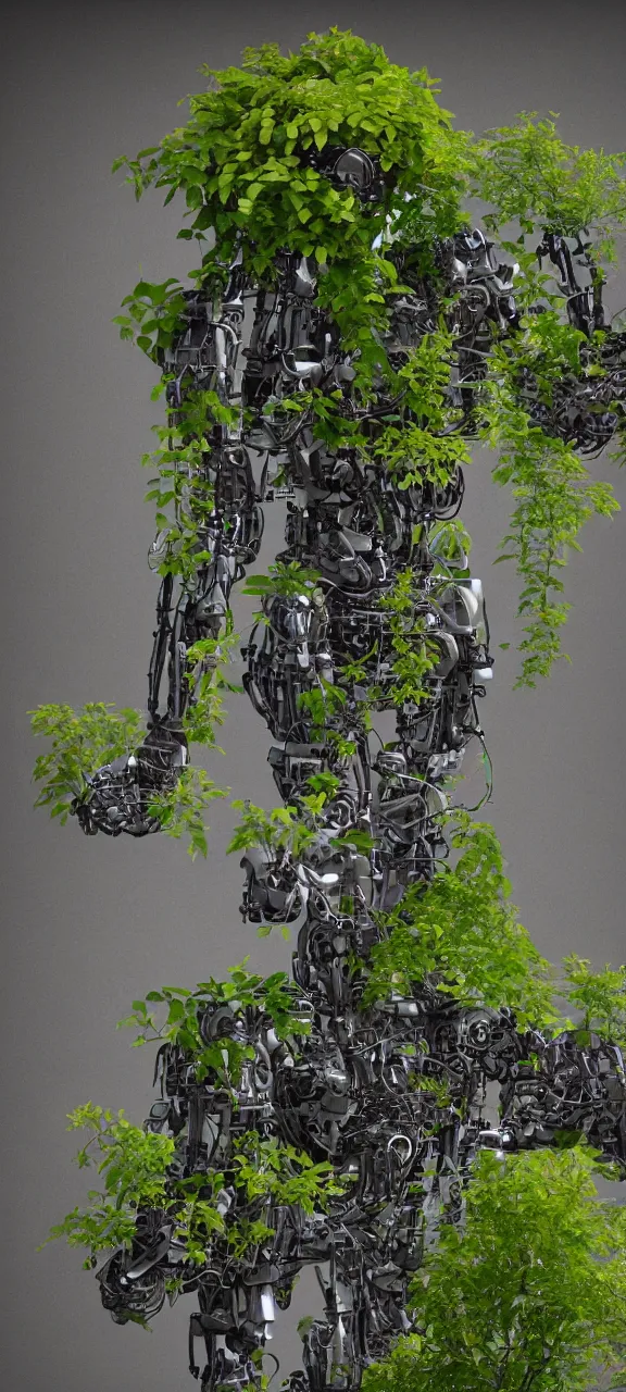 Image similar to robot body degraded and filled with plants, stunning, 4 k, detailed,