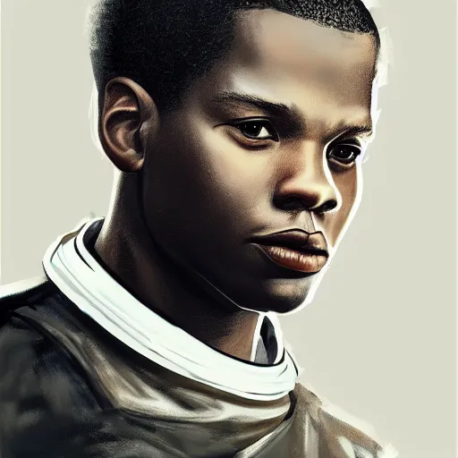 Prompt: a man who looks like a mixture between John Boyega, Shameik Moore and young Denzel Washington, wearing white and black utilitarian jumpsuit, scifi, highly detailed portrait, digital painting, artstation, concept art, smooth, sharp foccus ilustration, Artstation HQ.