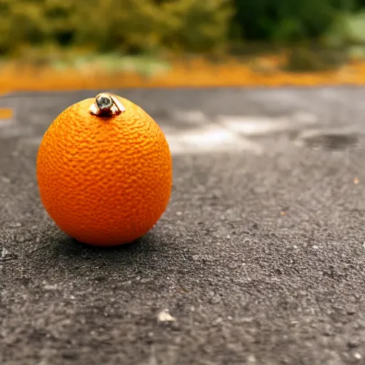 Prompt: Annoying Orange next to a reflective ball