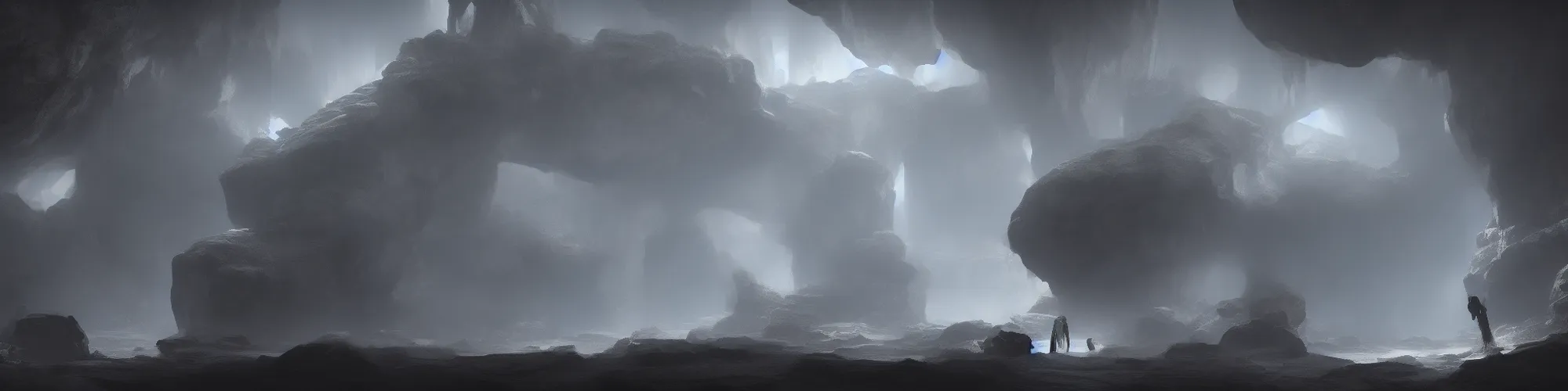 Image similar to huge stone cave with cinematic lighting in the style of Limbo, highly detailed, digital art 4k, 8k