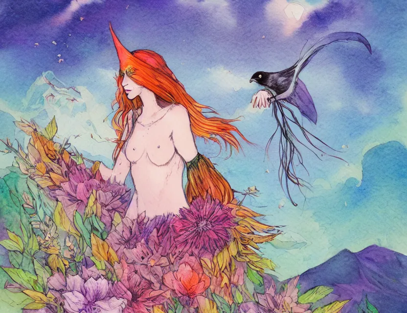 Image similar to bird witch girl in the flowering snowy mountains. complementary colors, watercolor, indie concept art, bloom, intricate details, chiaroscuro, backlighting.