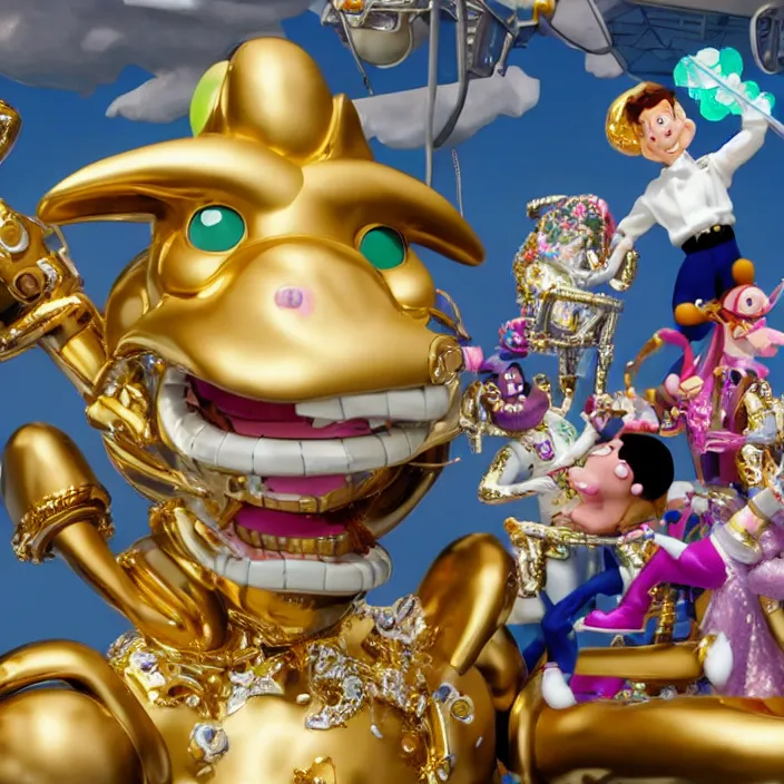 Image similar to jeff koons hip hop bauhaus style street sharks sailor moon wearing diamond grillz and a ton of bussdown iced gold bling in wallace & gromit strata - cut claymation, ultra realistic, concept art, intricate details, serious, highly detailed, photorealistic, octane render, 8 k, unreal engine, art by todd mcfarlane