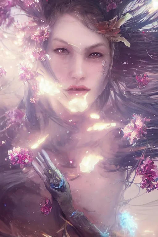 Image similar to face closeup beautiful girl witch covered with crystals exploding into another dimension, 3 d render, hyper realistic detailed portrait, holding magic flowers, ruan jia, wlop. scifi, fantasy, hyper detailed, octane render, concept art, peter mohrbacher