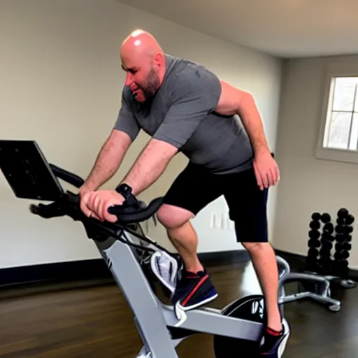 Prompt: chonky bald head with a grey closely shaven beard ethan van sciver working out vigorously on his peloton exercise bike