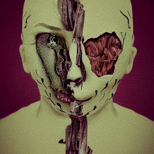 Image similar to face shredded like paper as skin peeling, dark, surreal, illustration, realistic horror