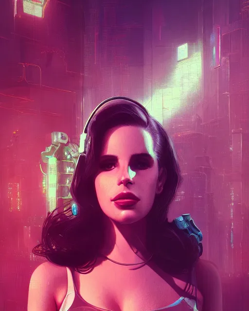 Image similar to portrait of lana del rey as a cyberpunk cyborg. roses, sci - fi, intricate abstract, upper body, intricate artwork, by tooth wu, wlop, beeple, dan mumford. concept art, 8 k octane render, deviantart, greg rutkowski, cinematic, key art, hyperrealism, iridescent accents