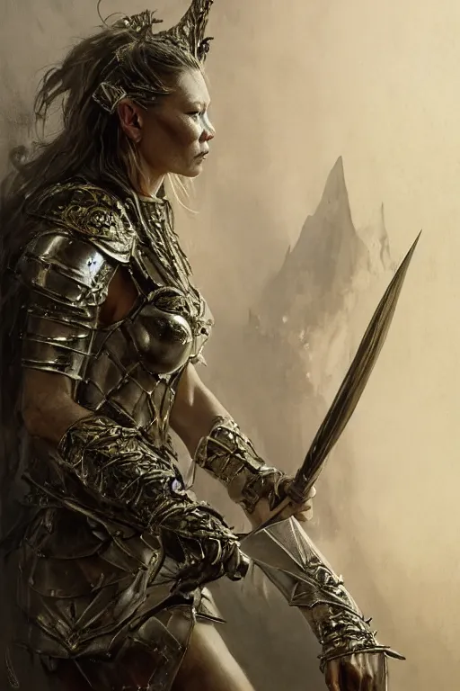 Prompt: kate moss, warrior, partially clothed in metal battle armor, lord of the rings, tattoos, decorative ornaments, by carl spitzweg, ismail inceoglu, vdragan bibin, hans thoma, greg rutkowski, alexandros pyromallis, perfect face, fine details, realistic shading, photorealism