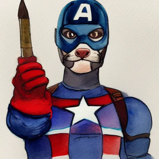 Prompt: A ferret as Captain America, Watercolour and pen