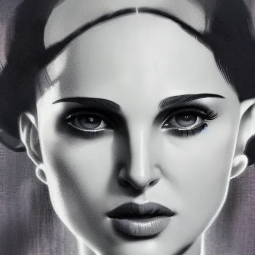 Image similar to a closeup portrait of a young natalie portman, 1 9 2 0 s, femme fatale, detective thriller, gorgeous view, night, film noir, eerie, high detail, art by artgerm and greg rutkowski and alphonse mucha, digital art, trending on artstation