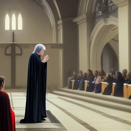 Image similar to emperor palpatine preaching to people at church, 8k cinematic lighting, very sharp detail, anatomically correct