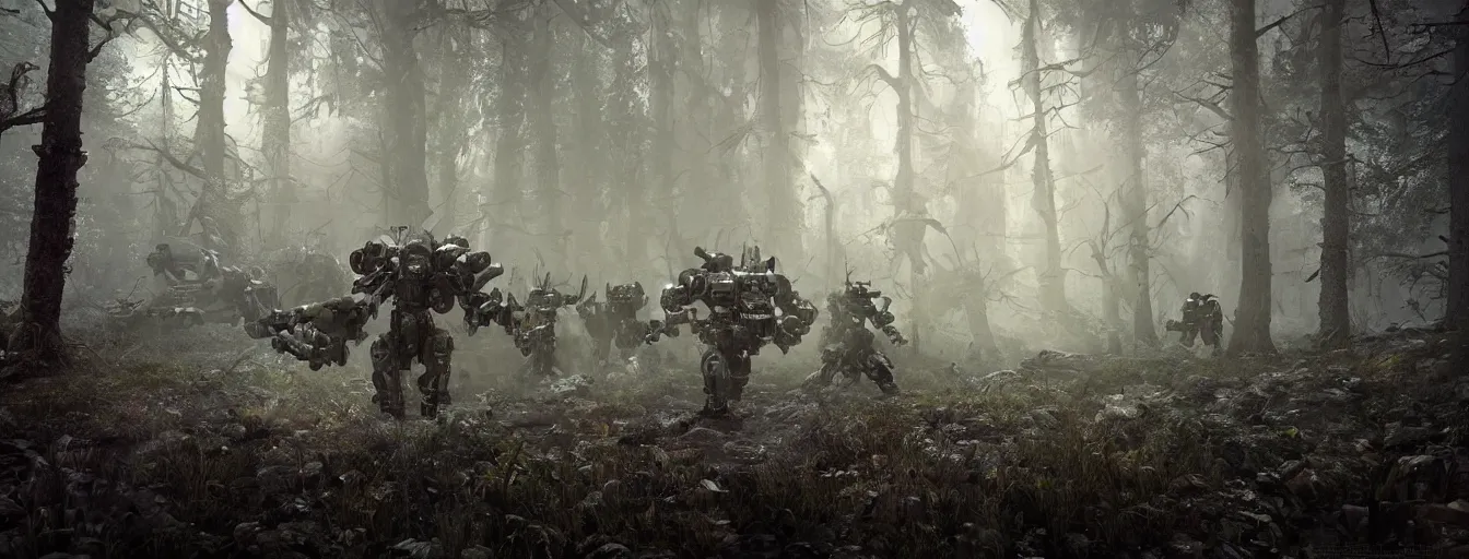 Image similar to image of deep forest with terrific and creepy mechwarriors with volumetric lights, running and hunting people, post - apocalyptic style, high detail, dramatic moment, motion blur, ground fog, dark atmosphere, saturated colors, by darek zabrocki, render in unreal engine - h 7 0 4