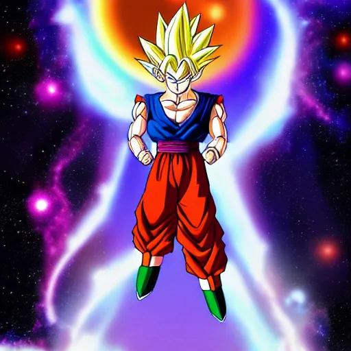 Image similar to gohan from dragon ball z flying through galaxy, black hole, digital art