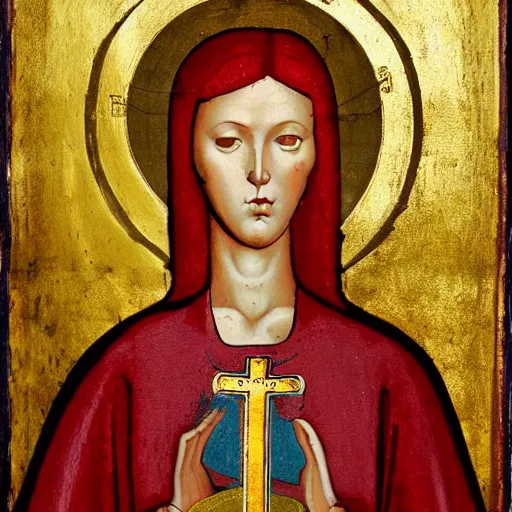 Image similar to a woman with red short hair, red hair, wearing a medieval armor, a halo on her head, holy saint, holy ichonography, catholic fresco