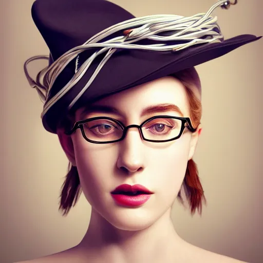 Prompt: a beautiful portrait with glasses and hat made by wires twisted around her face ,inspired by baroque art, new classic,hyper realistic,cinematic composition,cinematic lighting,fashion design, concept art, hdri, 4k -