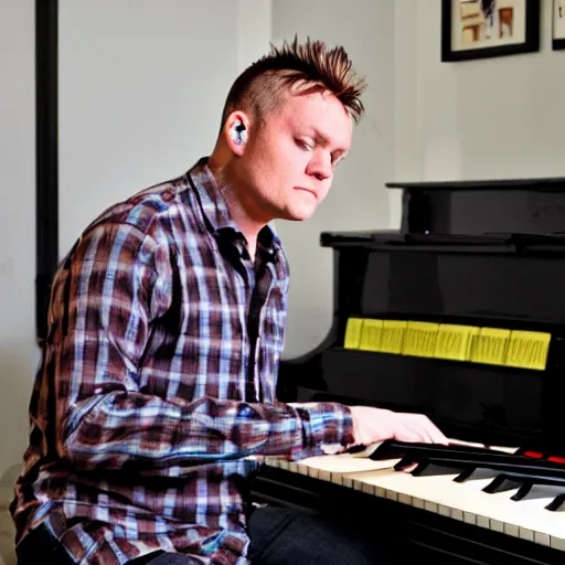 Prompt: Liam Howlett writing music for piano concerto