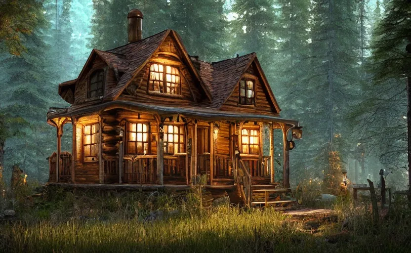 Prompt: photorealistic steampunk cabin in the forest. daylight stars. light fixtures. 8K. detailed. photorealism. artstation. 14 mm. ultra realistic