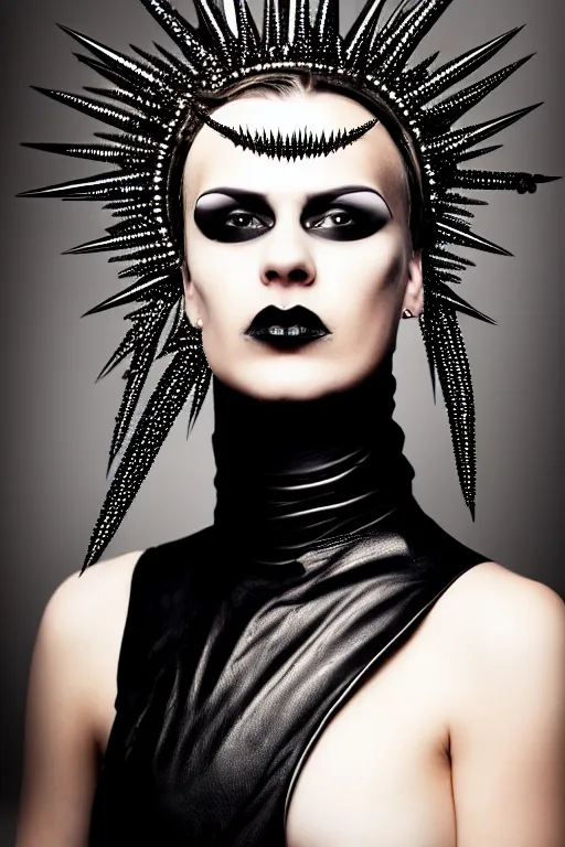 Image similar to a woman in a black leather outfit with spikes on her head, a high fashion character portrait by christen dalsgaard, featured on behance, gothic art, androgynous, genderless, gothic