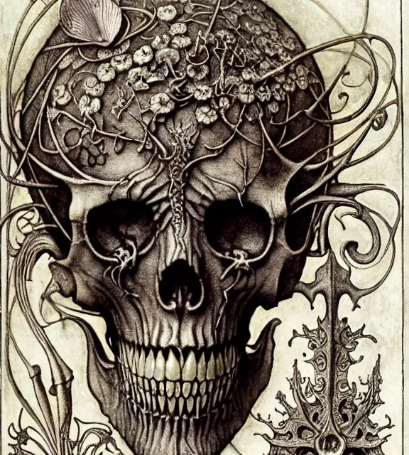 Image similar to memento mori by arthur rackham, art forms of nature by ernst haeckel, exquisitely detailed, art nouveau, gothic, ornately carved beautiful skull dominant, intricately carved antique bone, art nouveau botanicals, ornamental bone carvings, art forms of nature by ernst haeckel, horizontal symmetry, arthur rackham, ernst haeckel, symbolist, visionary