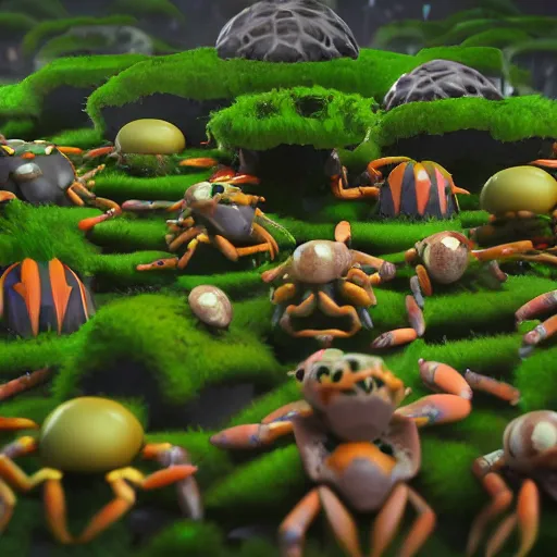 Prompt: large group of crabs and worms, crawling along a bed of moss, low poly, creeper world, handcrafted, artstation, hyperrealistic, hard light, best practices, creeptastic, photorealism, macro perspective, cuddly, Voidless of the Festival!, The Graveyard!!