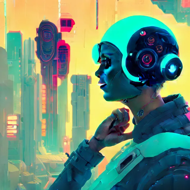 Prompt: a beautiful painting of a cyberpunk girl by sachin teng and pascal blanche and victo ngai and greg rutkowski. in style of futurism art. brush stroke, vibrating colors, hyper detailed. 4 k texture. octane render. trending on artstation