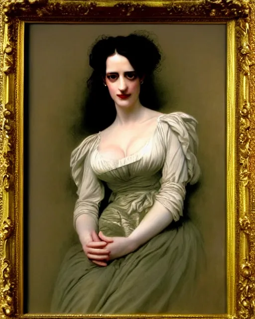 Prompt: eva green portrait en buste of eva green vesper lynd vannessa ives by Hughes Merle, by Pierre Auguste Cot, perfectly detailed eyes, realistic fabric, abundant detail