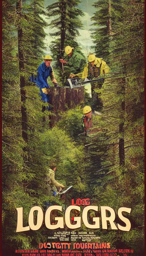 Image similar to movie poster of loggers cutting douglas firs, highly detailed., hyper realistic, large text, bright colours