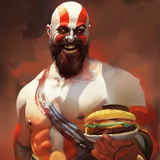 Image similar to oil painting of happy kratos as an mcdonald employee trending on artstation by greg rutkowski