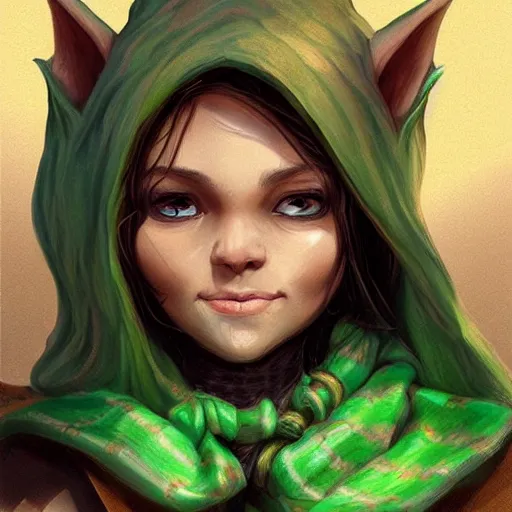 Image similar to Cute Goblin Cleric Girl with large expressive eyes and a scarf, hatched ear, green skin, highly detailed, by Luke Pearson, Cornelia Geppert, artgerm, digital illustration, comic style, concept art