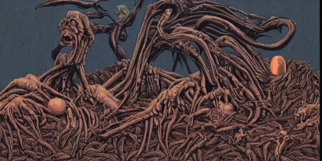 Image similar to Sega Mega Drive Genesis game of Twin Peaks in the style of H.R. Giger, Zdzislaw Beksinski, Junji Ito and Todd McFarlane