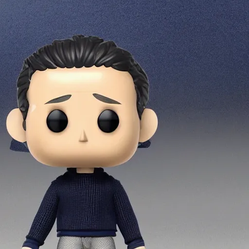 Prompt: a 21 year old skinny white programmer guy with no beard and black hair on top, short on sides, in a navy blue sweater, jeans and grey shoes funko pop close up highly detailed photo