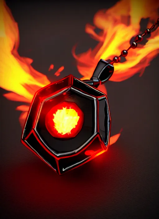 Image similar to rpg item, a black necklace with a bright red crystal pendant in flames, Unreal 5, DAZ, hyperrealistic, rpg style, octane render, dynamic lighting