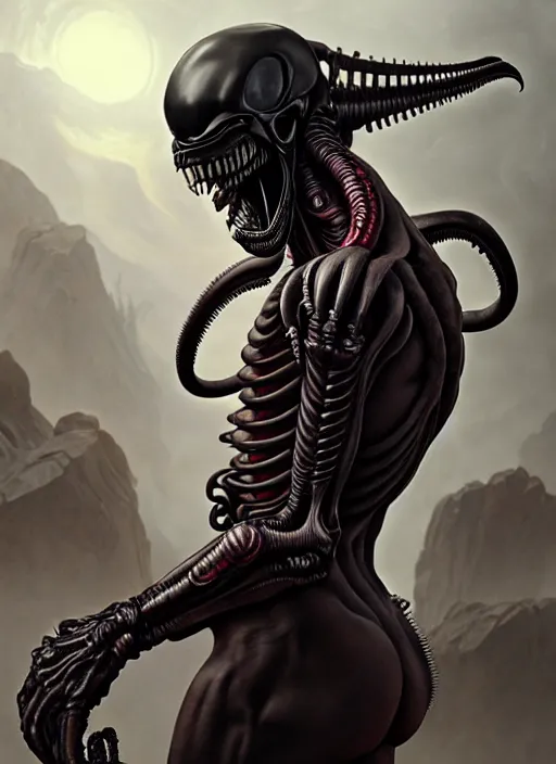 Image similar to ultra realistic, male human xenomorph, dracula, goth, tattoos, leather, fantasy, flesh, bone, body horror, intricate details, eerie, highly detailed, octane render, 8 k, art by artgerm and alphonse mucha and greg rutkowski