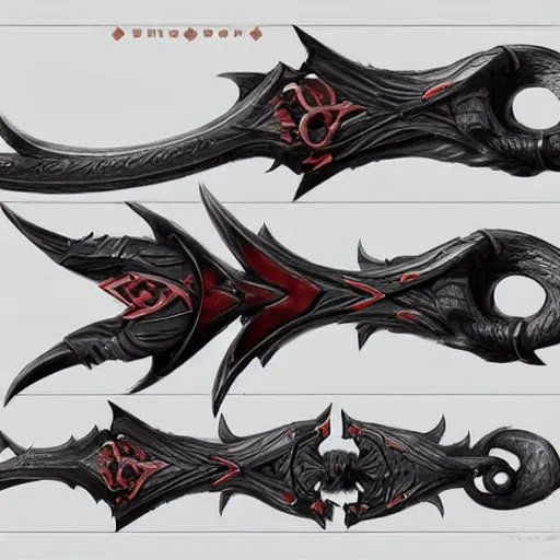 Prompt: concept art of dragon bow weapon, symmetry, bow design, fantasy bow, fantasy, behance, pinterest, deviantart, artstation, weapons concept art, design, rpg, weapon, detailed, digital art, incredible, digital painting