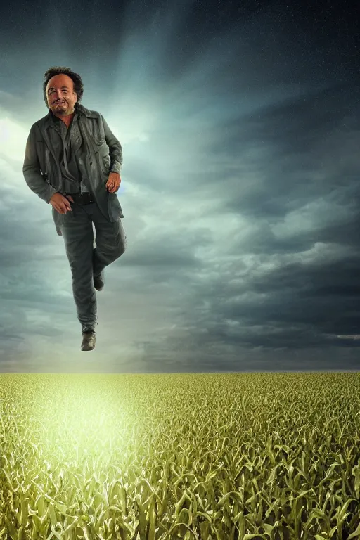 Image similar to Giorgio A. Tsoukalos abducted by aliens in a corn field,photo realistic,sci-fi,mistery,8k,unreal engine,octane render