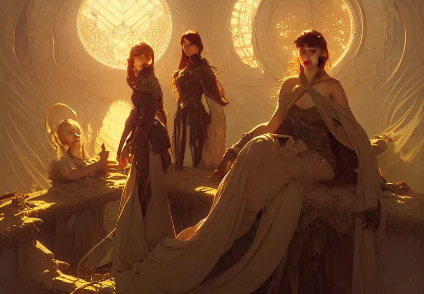 Image similar to the council of the first circle, fantasy magic, dark light night, intricate, elegant, sharp focus, illustration, highly detailed, digital painting, concept art, matte, art by wlop and artgerm and greg rutkowski and alphonse mucha, masterpiece