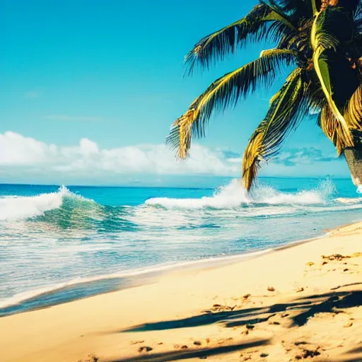 Prompt: a quiet beach in hawaii, pristine, waves, palm trees, sun in the sky, photography