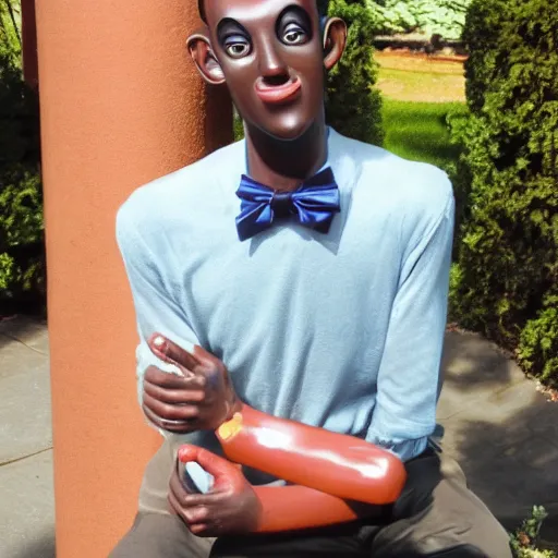 Image similar to photo of gumby as a real human with smooth shiny skin