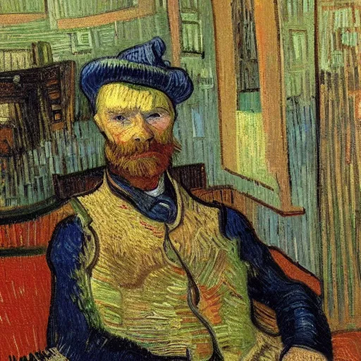 Image similar to detailed portrait of 1890s french peasant donald trump sitting at his dining table painted by vincent van gogh