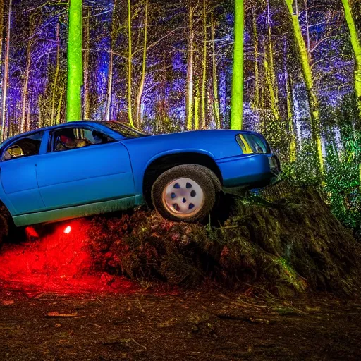 Image similar to photo with flash at night at a forest of a big scary man in top of a blue car with lights on