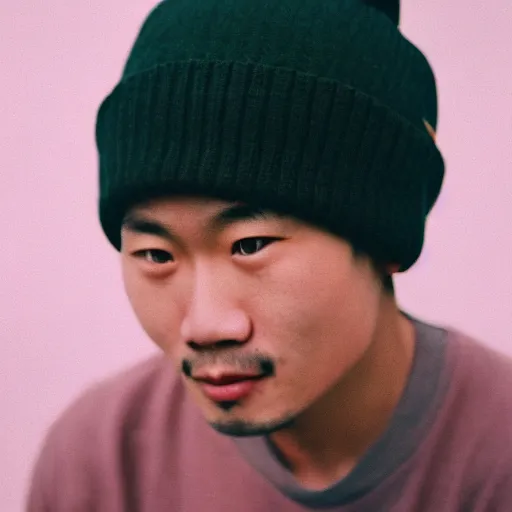 Prompt: photo of asian man wearing a beanie, cinestill, 8 0 0 t, 3 5 mm, full - hd