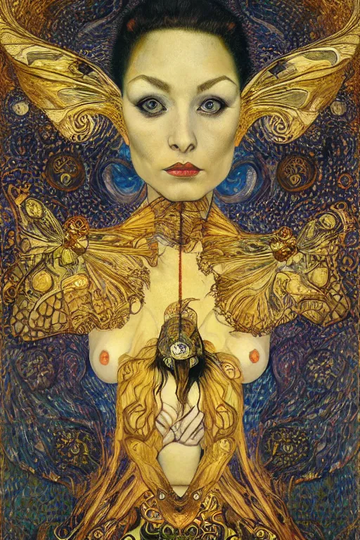 Image similar to Metamorphosis by Karol Bak, Jean Deville, Gustav Klimt, and Vincent Van Gogh, transformation portrait, chimera, visionary, cicada wings, otherworldly, fractal structures, ornate gilded medieval icon, third eye, chrysalis, spirals, horizontal symmetry